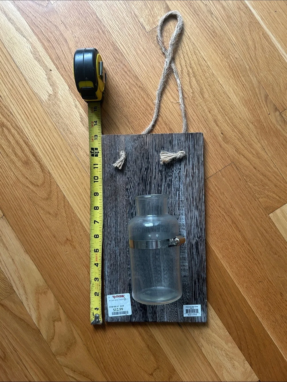 T.J.Maxx Rustic Gray Wood Wall Vase with Glass Jar and Rope Hanger